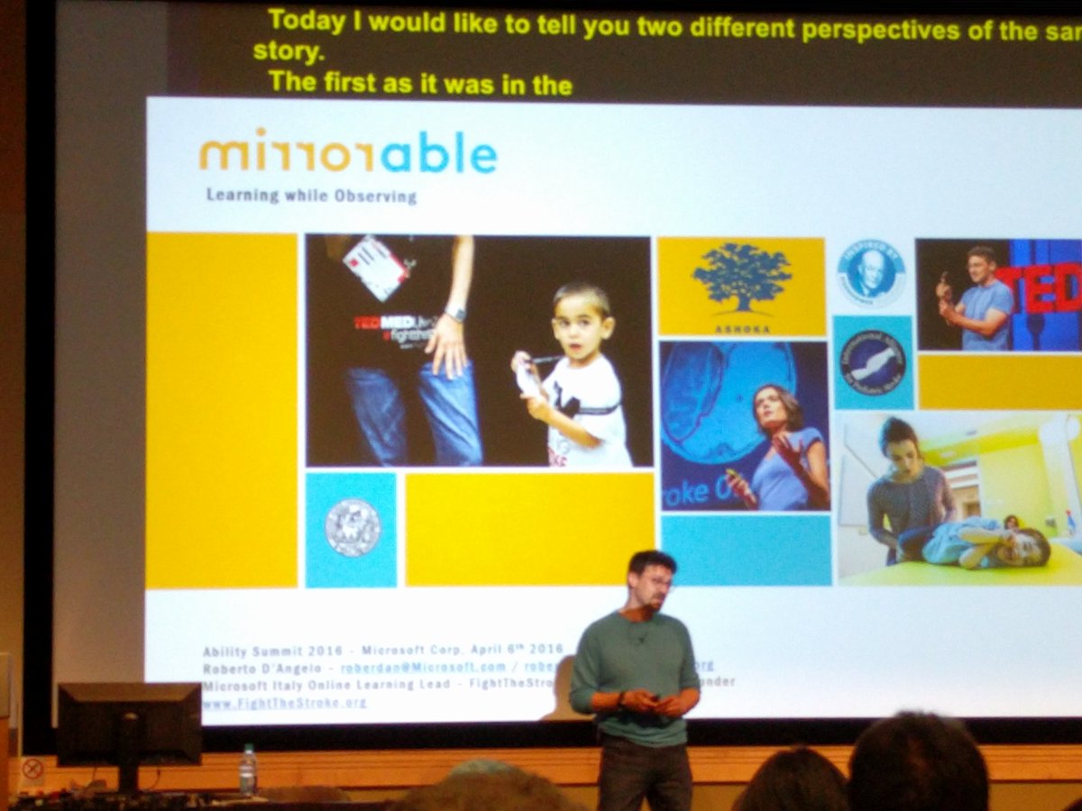 sarahjoers's tweet photo. Inspiring talk about @FightTheStroke by @roberdan today at #Ability2016 💛💚💙 #cantstopwontstop #inclusivedesign https://t.co/UDU7jEgF2b
