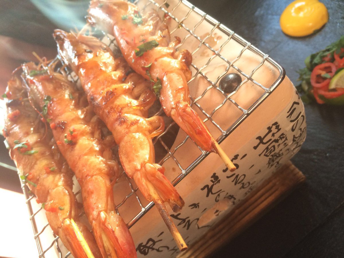 HotrsShrewsbury's tweet photo. Charcoal smoked king Prawns with flavours of soy, chilli and yuzu. The smell, sound and taste brings the BBQ indoors https://t.co/Yl142qnm5Y