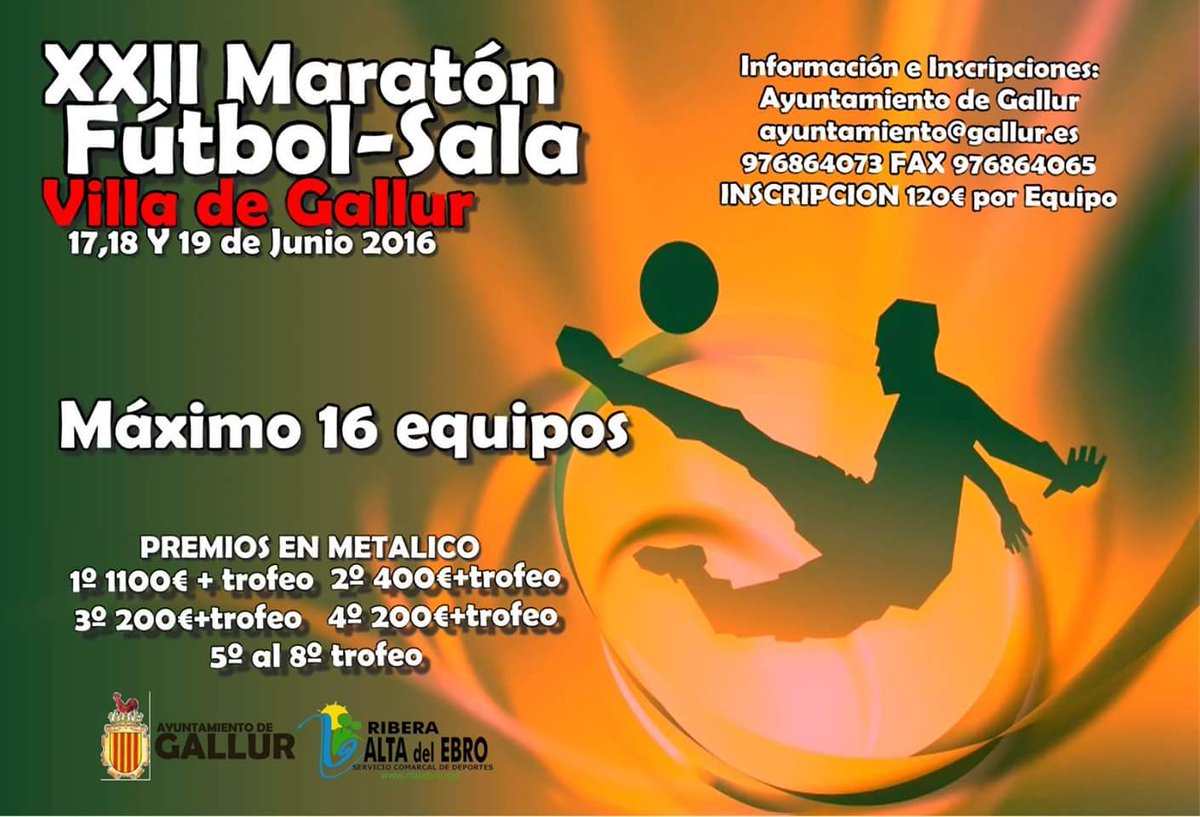 MJos32's tweet photo. XXII Maratón Fútbol-Sala "Villa de Gallur"
17,18 y 19 de junio 2016 https://t.co/yiWmIfmpju