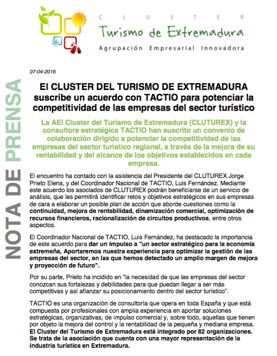 TACTIO_'s tweet photo. Firma del convenio entre TACTIO y @clusterturism en Cáceres: en pro de la #competitividad de la empresa extremeña https://t.co/NwGoWgOi9z