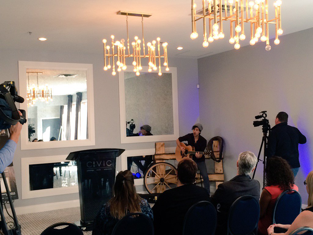 calgaryhomeless's tweet photo. The talented @mattblaismusic performs "Fire from the spark" at the #PWPyyc media launch https://t.co/KJCB4CkdB5