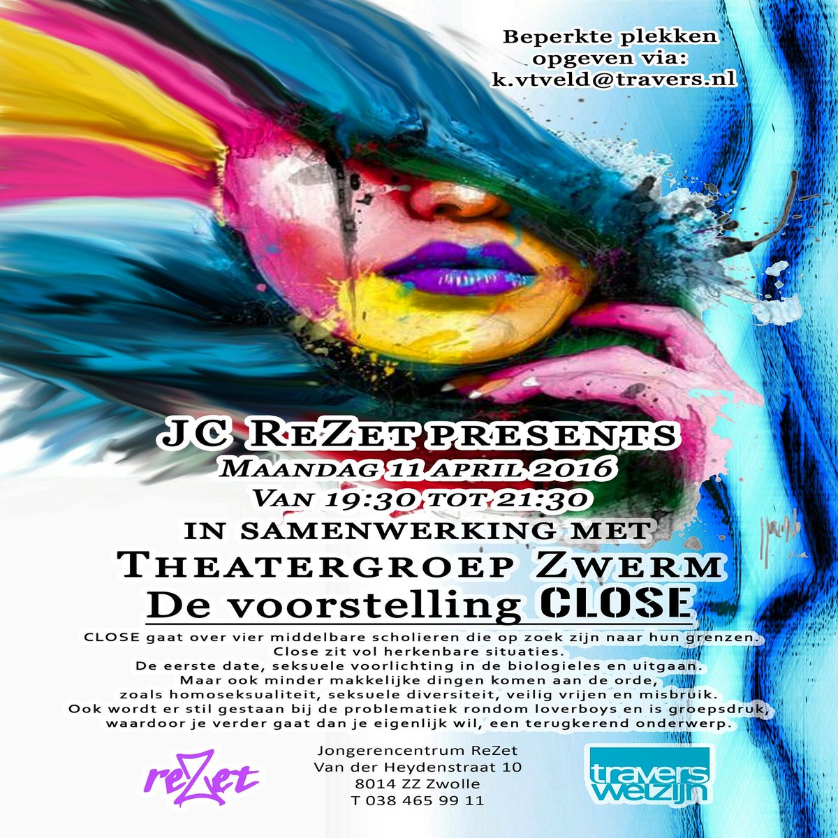 JCReZet's tweet image. Maandag is er een supertoffe voorstelling in Rezet. Geef je op via de mail op de flyer of in Rezet zelf! VOL=VOL.