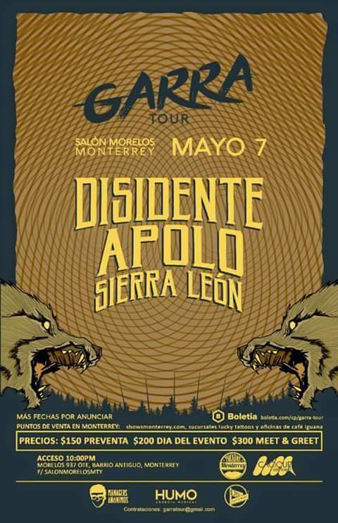 RevoltionHead's tweet photo. Al #GarraTour se une Monterrey,este 07 de mayo con @Disidenterock @APOLOmx @sierraleonmusic
#coberturarevolution https://t.co/mS5E7tCo2W