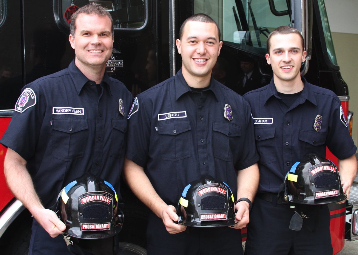 WoodinvilleFire's tweet photo. Welcome Firefighters Vanderveen, Lefotu, and Beahan to Woodinville Fire. We are fortunate to have you on the team. https://t.co/P9XnElgENy