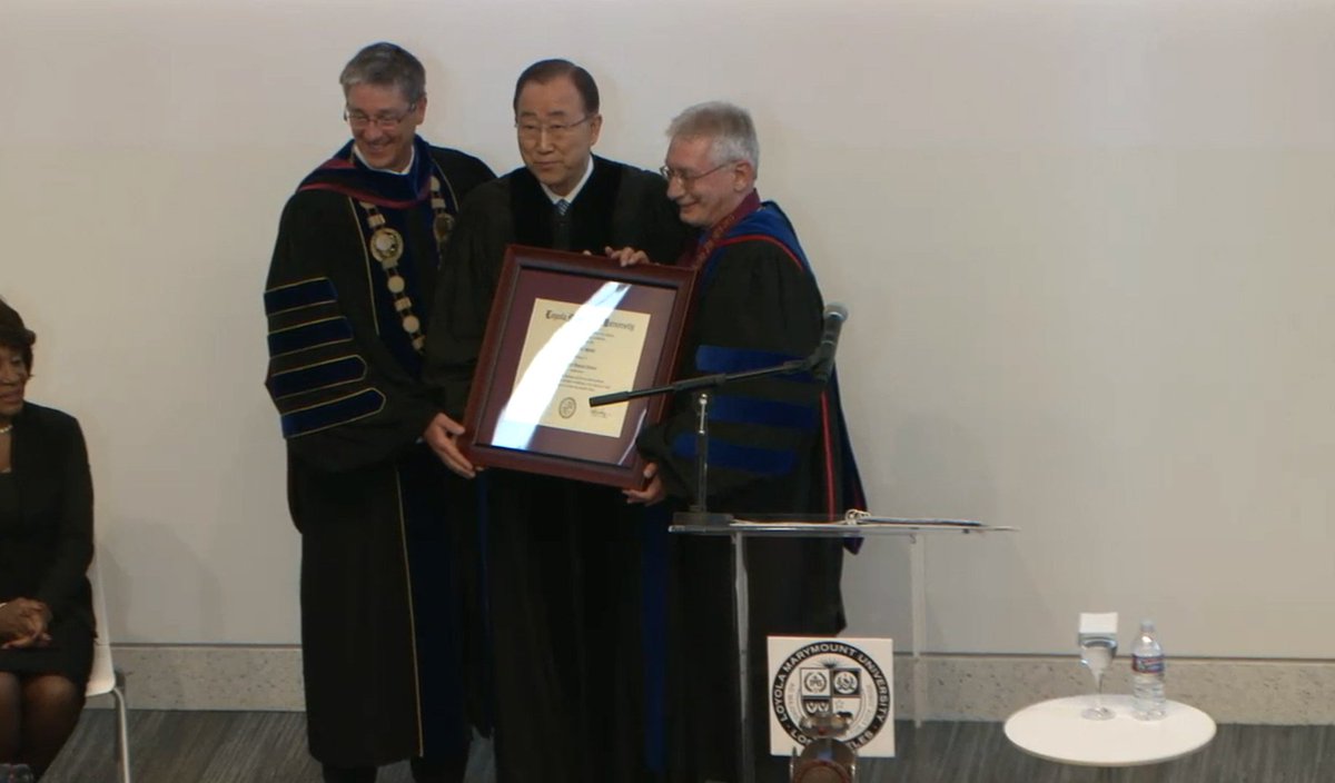 LoyolaMarymount's tweet photo. The Doctor of Humane Letters degree is conferred upon #UNSG Ban Ki-moon. Welcome to the Lion family! #BKMatLMU https://t.co/Zl2tVV1QnZ