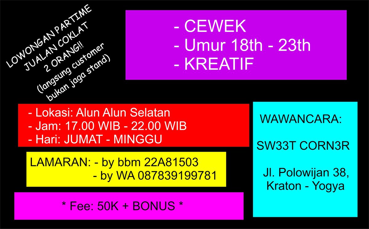 thomthebigbear1's tweet photo. #jogjainfo #infojogja SEGERA: Partime jual coklat di ALKID I CE I max 23th I info lebih lengkap di gambar https://t.co/t9fuyIIv7L