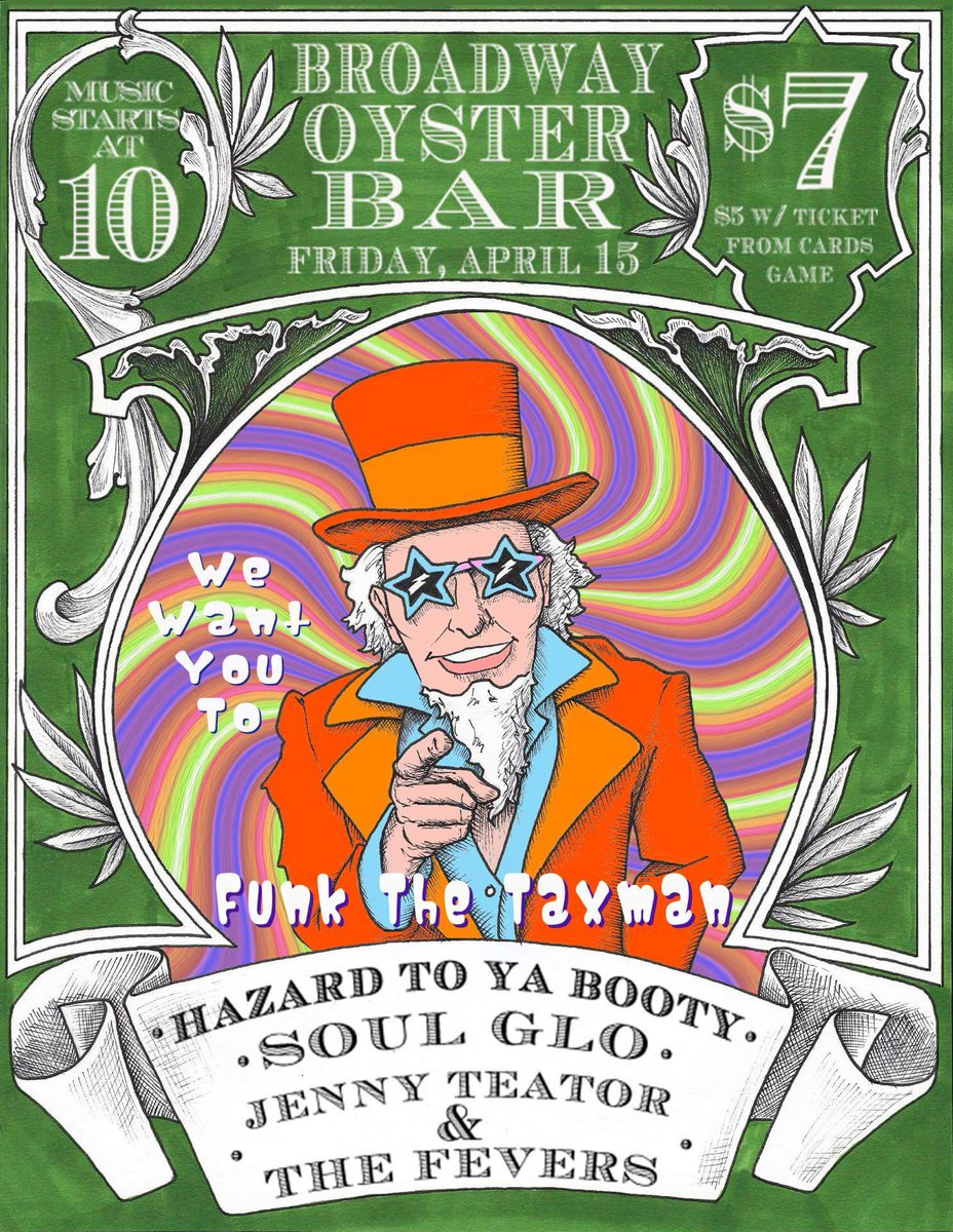 Hazardtoyabooty's tweet photo. Funk the Taxman with @Hazardtoyabooty, @JTFevers, &amp; Soul Glo Friday 4/15 at @OysterBarSTL https://t.co/vWuJqSD2y3
