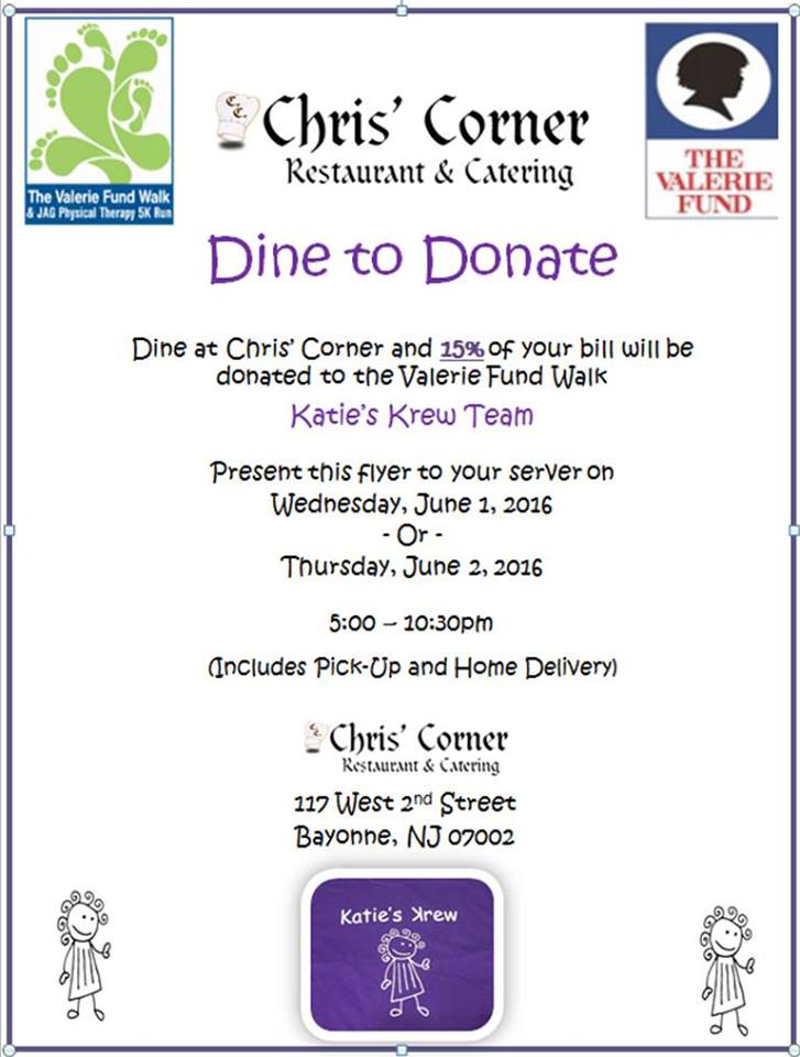 TheValerieFund_'s tweet photo. Support 2016 Walk Team, Katie's Krew June 1st &amp; June 11th at Chris' Corner! #bethehope #fundraiser #40yearsofhealing https://t.co/LWa9H6thDS