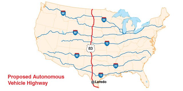 TransportTopics's tweet photo. Proposed U.S. highway for autonomous vehicles runs from Canada to Mexico. https://t.co/ffIQMCfxse https://t.co/aRFNe688Yx