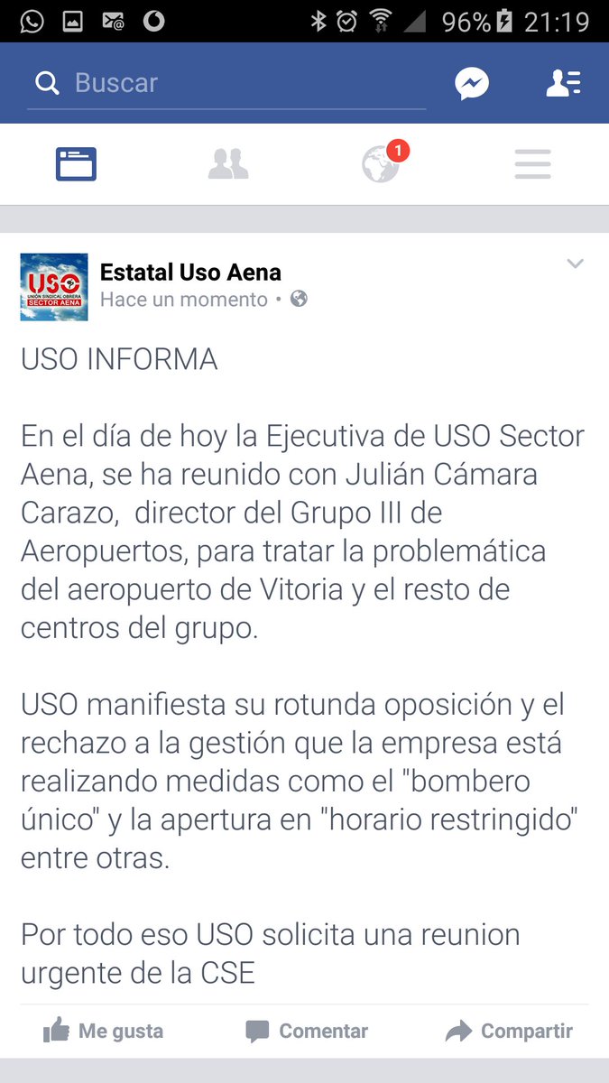 USO En el día de hoy la Ejecutiva de USO Sector Aena, se ha reunido con Julián Cámara Carazo,  director grupo III
