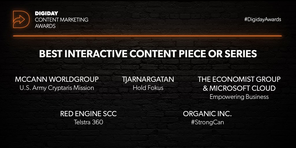 Congratulations to @McCann_WW @RedEngSCC <a href="/OrganicInc/">Organic, Inc.</a> <a href="/TheEconomist/">The Economist</a> <a href="/Tjarnargatan/">Tjarnargatan</a>! #DigidayAwards