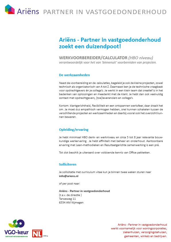 ariensnl's tweet photo. Vacature Werkvoorbereider/Calculator (HBO niveau). Zoek je een boeiende baan? Kijk dan op https://t.co/5Pr6eJEPiZ https://t.co/toPoglYhDh