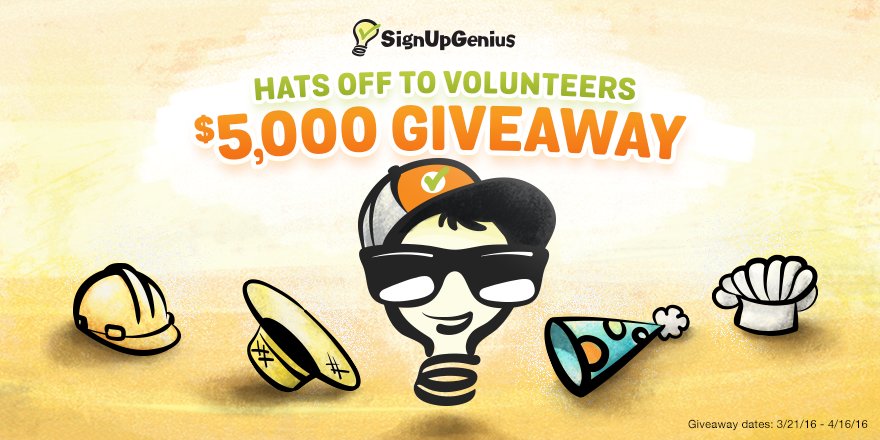 SignUpGenius's tweet photo. Hats off to you! Enter our $5,000 Volunteer Appreciation Giveaway: https://t.co/rHdofhXp4D https://t.co/G8pgSaFIDX