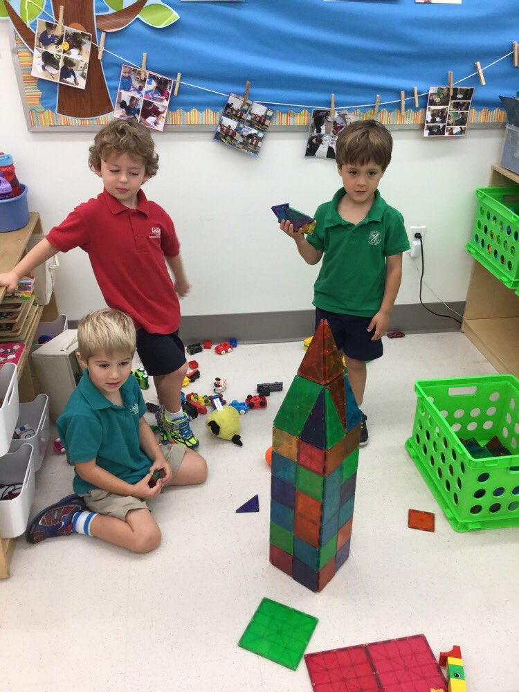 These creative 3 &amp; 4 year olds built their version of the Empire State Building using magnet tiles!#gslearning #prek