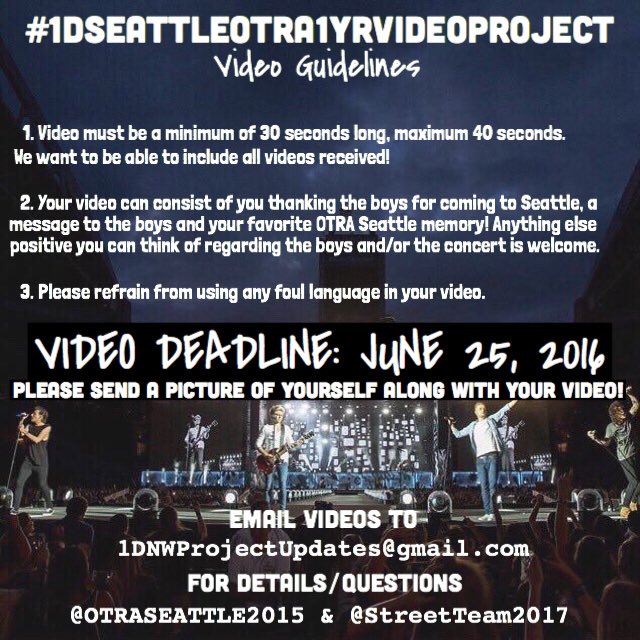 OTRASEATTLE2015's tweet photo. 🌟Announcement:🌟
Help celebrate #OTRASeattle's 1 year anniversary. Participate in our #1DSeattleOTRA1YRVideoProject! https://t.co/RJNYYkI0bz