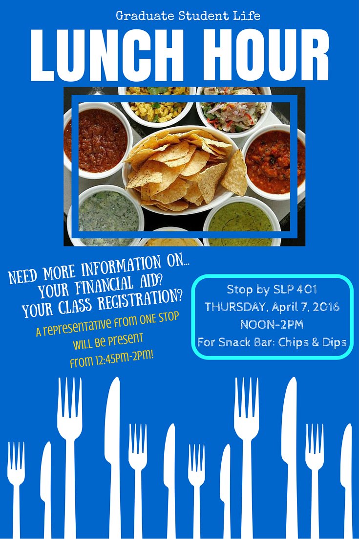 Stop by SLP 401, tomorrow, Apr. 7th, Noon-2pm! For chips &amp; dips bar :) 
From 12:45pm-2pm, One Stop be will present!