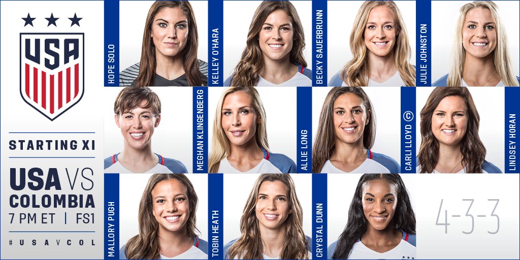 #USAvCOL Starting XI: Solo; O'Hara, Sauerbrunn, Johnston, Klingenberg; Long, Horan, Lloyd (c); Pugh, Dunn, Heath.