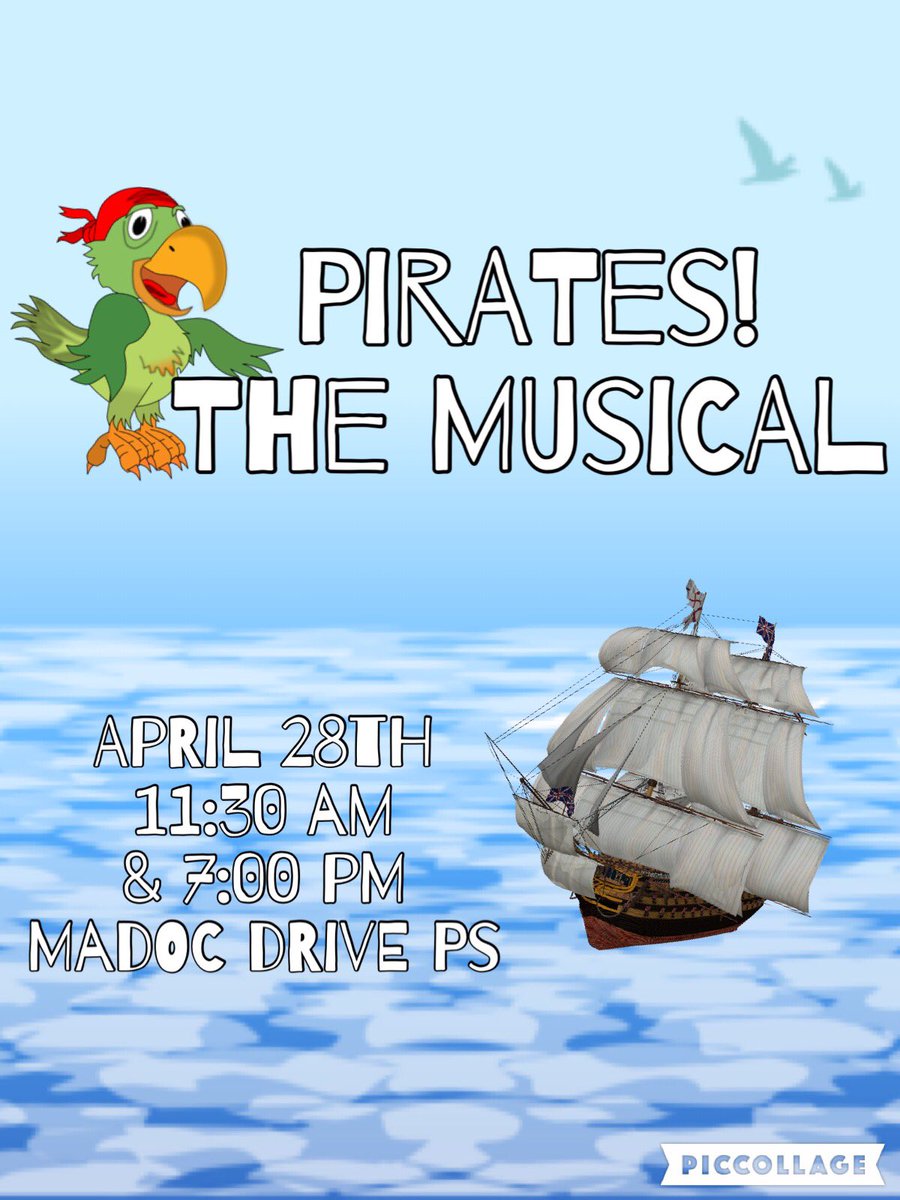 MrsMorrisTVDSB's tweet photo. Join us Thurs. April 28th @ 11:30 am &amp; 7 pm for our Jr. Spring Musical: PIRATES! @MadocDrive @PeelSchools #arrgh https://t.co/8KktbPxdYa