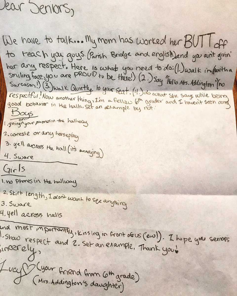 TraceyAddington's tweet photo. While I was listening to senior graduation speeches, my daughter wrote her own diatribe. #facultykid https://t.co/YG9WukOL6d