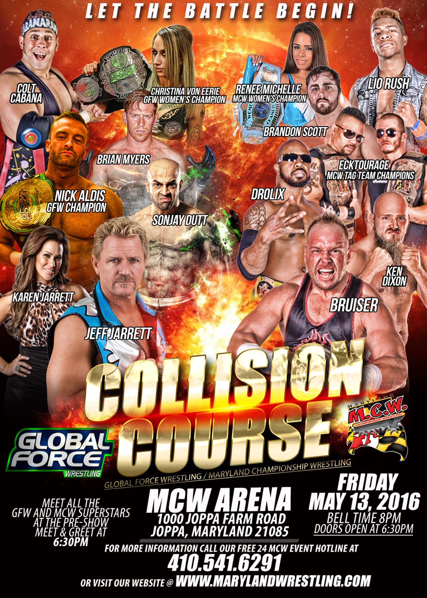 MCW Pro Wrestling (@mcwwrestling) on Twitter photo We're on a #CollisionCourse with <a href="/GFWWrestling/">GFWWrestling</a>! Be there on Friday May 13th! MarylandWrestling.com #MCWvsGFW We're on a #CollisionCourse with <a href="/GFWWrestling/">GFWWrestling</a>! Be there on Friday May 13th! MarylandWrestling.com #MCWvsGFW