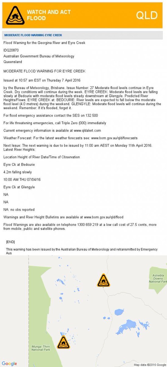 WarningsQLD's tweet photo. QLD [WATCH AND ACT] FLOOD WARNING - Bedourie,dickerrie Waterhole 07/04 10:57am AEST #BOM https://t.co/Lwko8fWn1a https://t.co/Y3N8J8CQF4