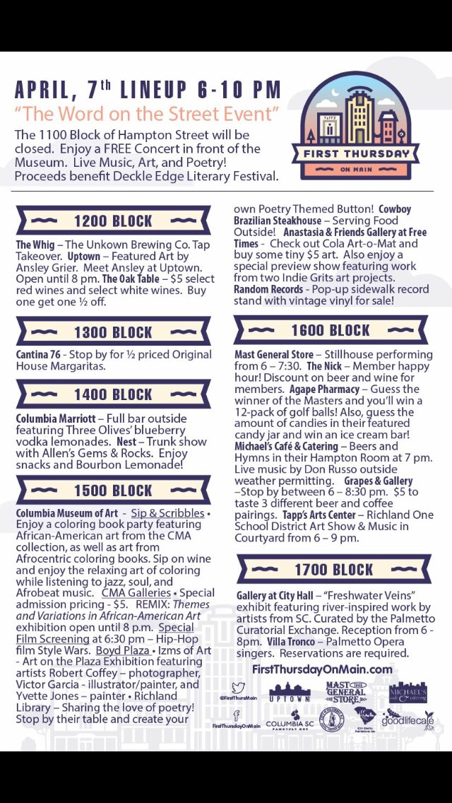 ColaMuseum's tweet image. So much happening for @FirstThursMain! @whigsc @Lovepeacehiphop @IzmsofArt @OneColumbia @MastStore @FreeTimesSC