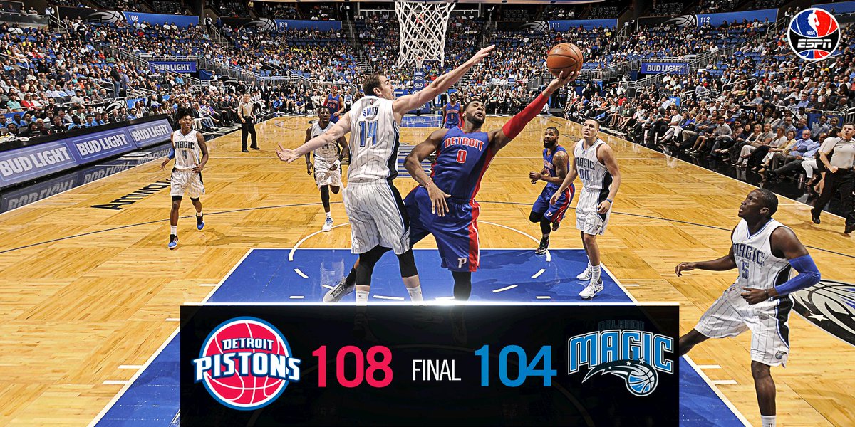 ESPNNBA's tweet photo. Pistons beat Magic 108-104 &amp; clinch first winning season since 2007-08.  Drummond: 13 Pts, 16 Reb.  Jackson: 24 Pts. https://t.co/gcG80mf9EW