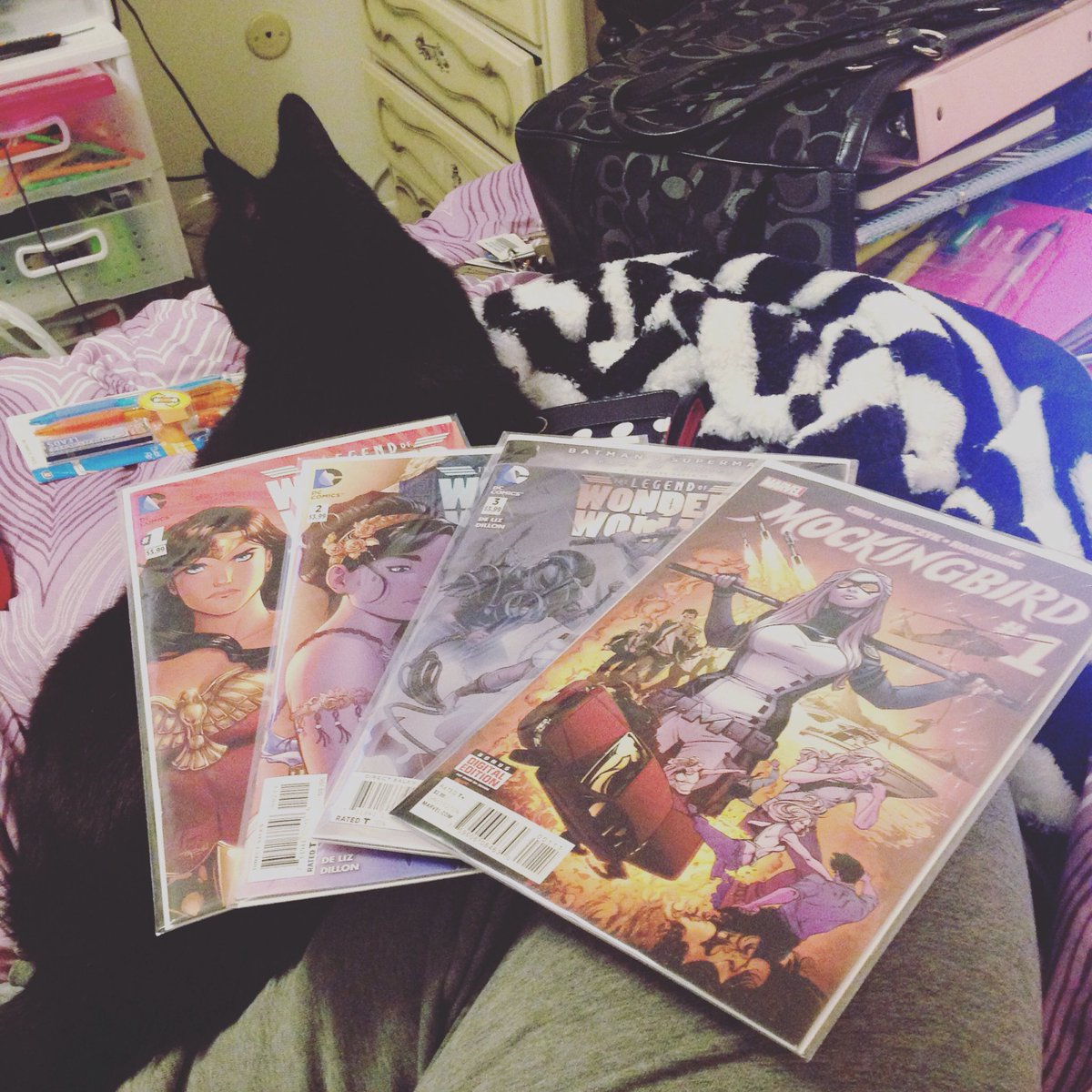 geektoriasecret's tweet photo. Finishing the day off with some girl power and cat bonding. #nyxisadick #Geekitty #comics #wonderwoman #mockingbird https://t.co/9zVpnu9NPm