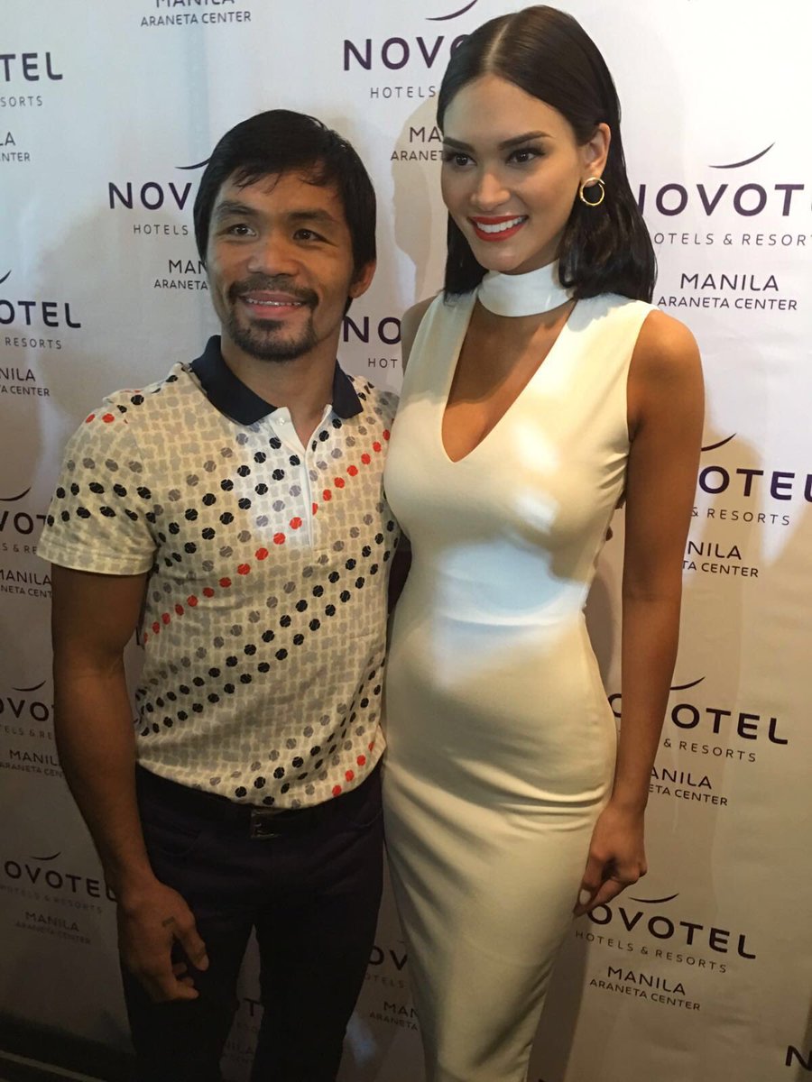 MissUniverse's tweet photo. Filipino Pride! 🇵🇭 Congratulations on your recent victory, @MannyPacquiaoTR ! You're a legendary boxer. 👊 https://t.co/bhlVXZvjsM