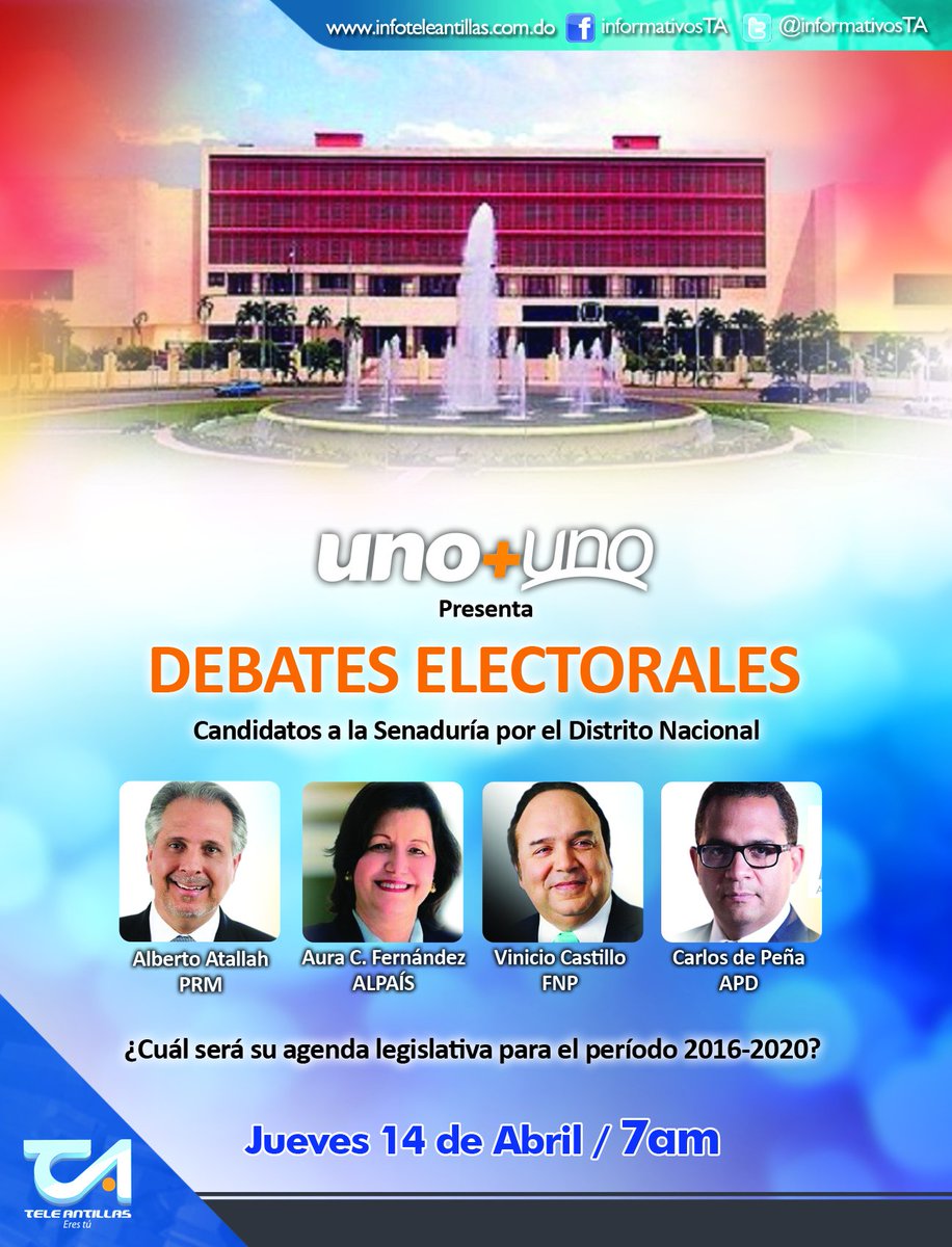 Uno más Uno (@unomasunotv) on Twitter photo #DebatesElectoralesSenadoDN en breve.En <a href="/UnomasUnotv/">Uno más Uno</a> por @TeleAntillas2 <a href="/InformativosTA/">InformativosTA RD</a> #DebatesElectoralesSenadoDN en breve.En <a href="/UnomasUnotv/">Uno más Uno</a> por @TeleAntillas2 <a href="/InformativosTA/">InformativosTA RD</a>