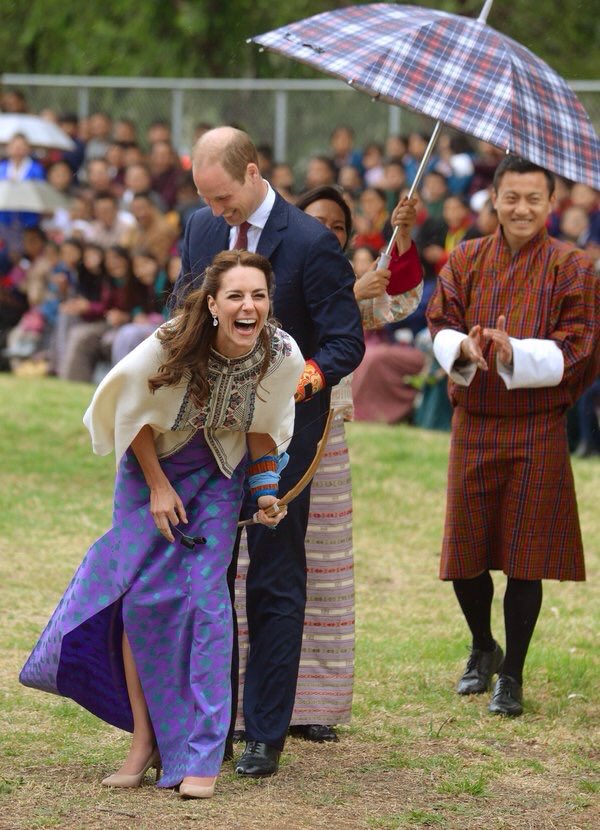 allthingsregal's tweet photo. The Duchess of Cambridge fires an arrow at an archery event in Thimphu #RoyalVisitBhutan RT @elliotwagland https://t.co/S9WT2nk2Vp