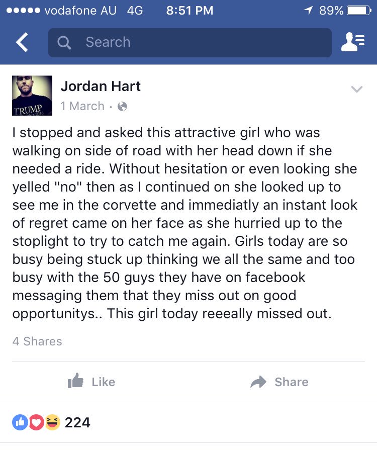 when will girls stop having male Facebook friends and finally get in a complete stranger's car