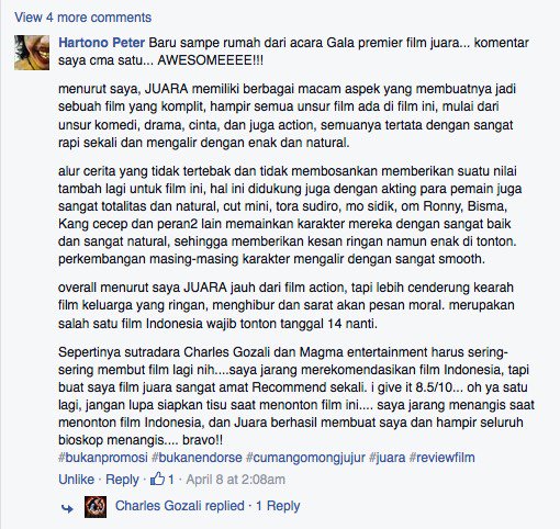 MAGMAEnt's tweet photo. Terima kasih untuk review dari penonton #JUARAthemovie. Semoga film ini bs menginspirasi semuanya. #JUARAdiBioskop https://t.co/tKISvLt5Nj