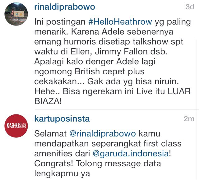 KartuPos's tweet photo. Ini dia pemenang kuis #HelloHeathrow mendapatkan first class amenities @IndonesiaGaruda! Congrats @rinaldiprabowo! https://t.co/kYcVwisOqj