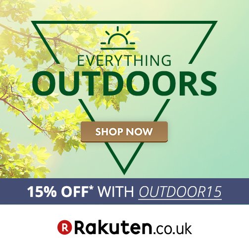 RakutenUK's tweet photo. Get 15% off everything for outside* with the code OUTDOOR15. Ends today! https://t.co/cX5zq6zvUp (T&amp;Cs apply) #deal https://t.co/QVuSsA6K9m