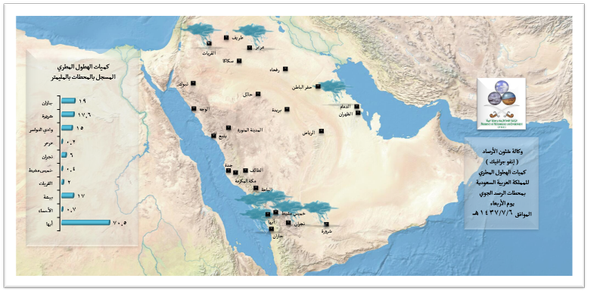 NCMKSA's tweet photo. توزيع الأمطار يوم الأربعاء 6 رجب 1437 هـ، بحسب ما سجلته مراصد الرئاسة العامة للأرصاد وحماية البيئة. https://t.co/oFzaGR8qA3