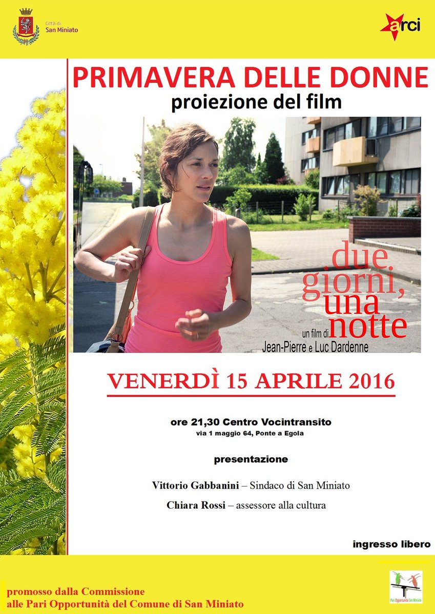 ComuneSMiniato's tweet photo. Domani sera (ore 21.30) proiezione #film Due giorni, una notte @Arci_Zona_Cuoio @ComuneSMiniato Vi aspettiamo! https://t.co/evhEi3xIju