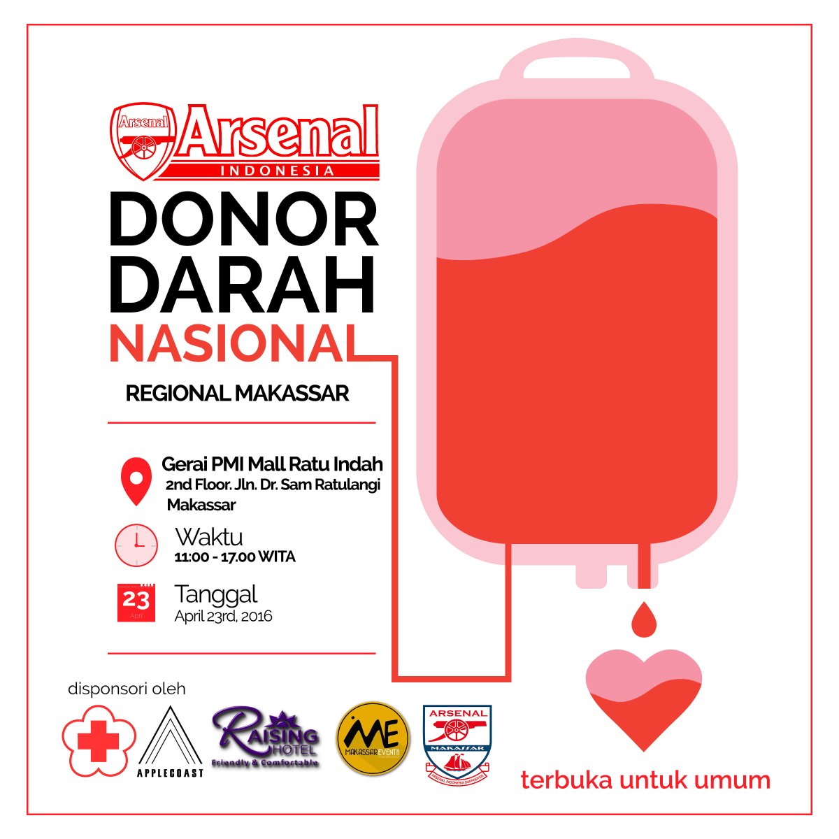 AIS_MKS's tweet photo. #AISDonDarNasional Makassar.23April2016.@ Gerai PMI MARI.Pkl 11.00 WITA-17.00 WITA. cp 085299699928  line: @izp6048k https://t.co/rcO8kTOPhS