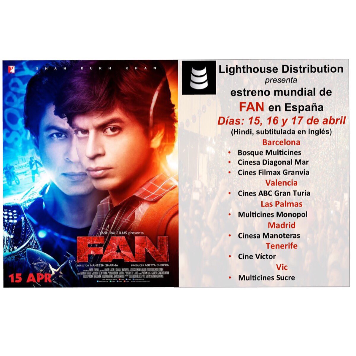 tgl_films's tweet photo. ¿Ya tienes tus entradas para #FAN? Join the worldwide release of @iamsrk movie in Spain 🎬➡️lighthousedistribution.es https://t.co/2N91FvdbGW