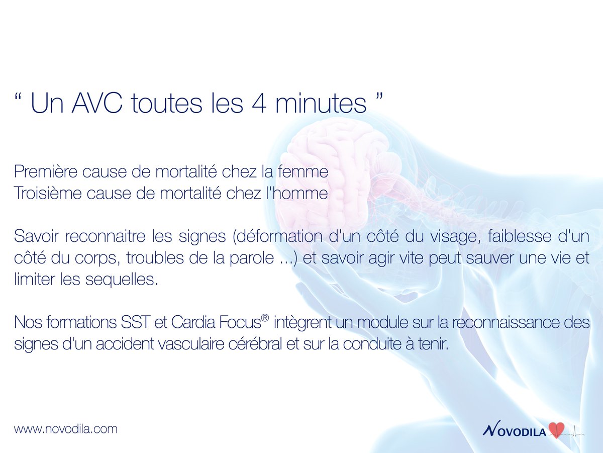 Novodila's tweet photo. Un AVC toutes les 4 minutes. 
Apprendre à reconnaitre les signes et à alerter les secours. 
#AVC  #SST #stroke https://t.co/MpRTzcBAva