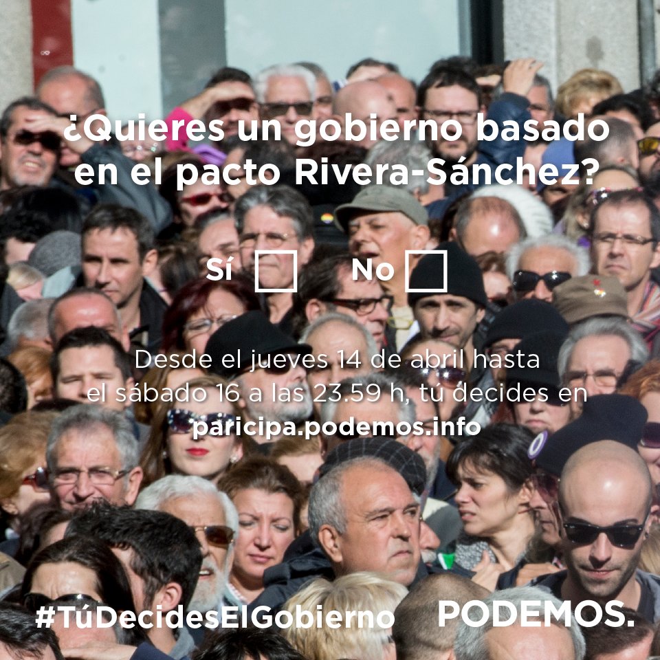 PODEMOS's tweet photo. Dos preguntas que van a decidir el futuro del Gobierno del país. Vota https://t.co/OP525tjwDE #TúDecidesElGobierno https://t.co/FpWJBrI1pR