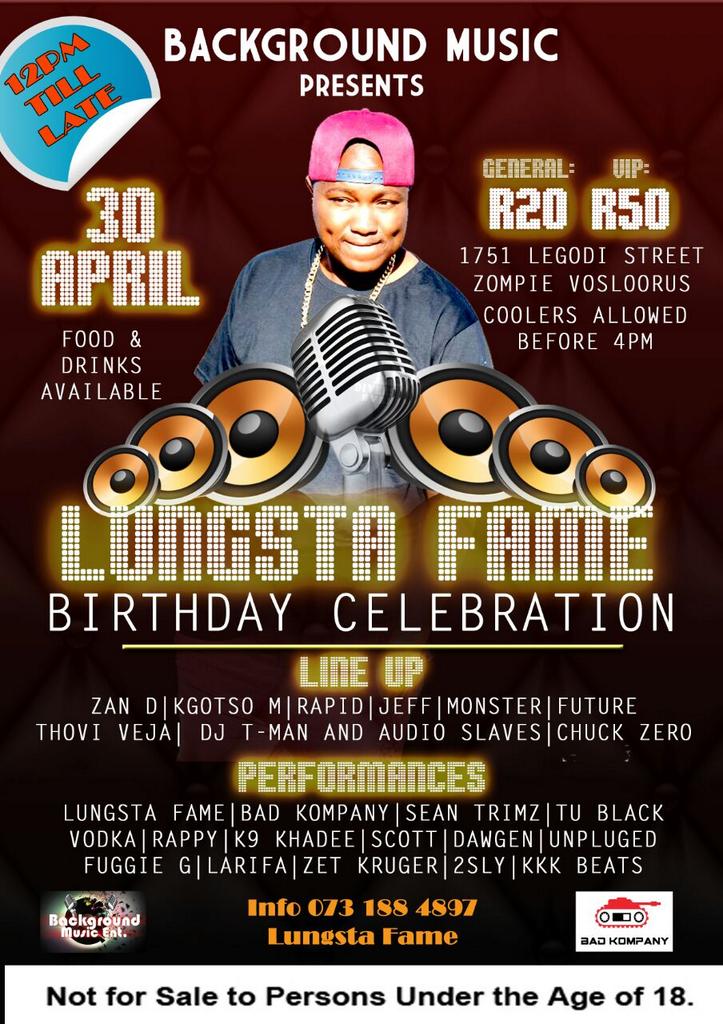 LungstaFame's tweet photo. A reason to celebrate come join us @djkgotsoM @Moonscape2 @DJFreshSA @DjZanD @Diversions_ @k9khadee @OoRapid @SlashD https://t.co/Jw3m3DjDJJ
