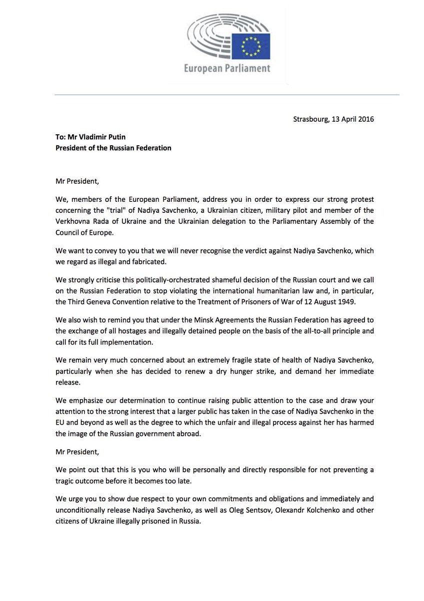 Jacek Saryusz-Wolski on Twitter: "MEPs write letter to Putin > "We