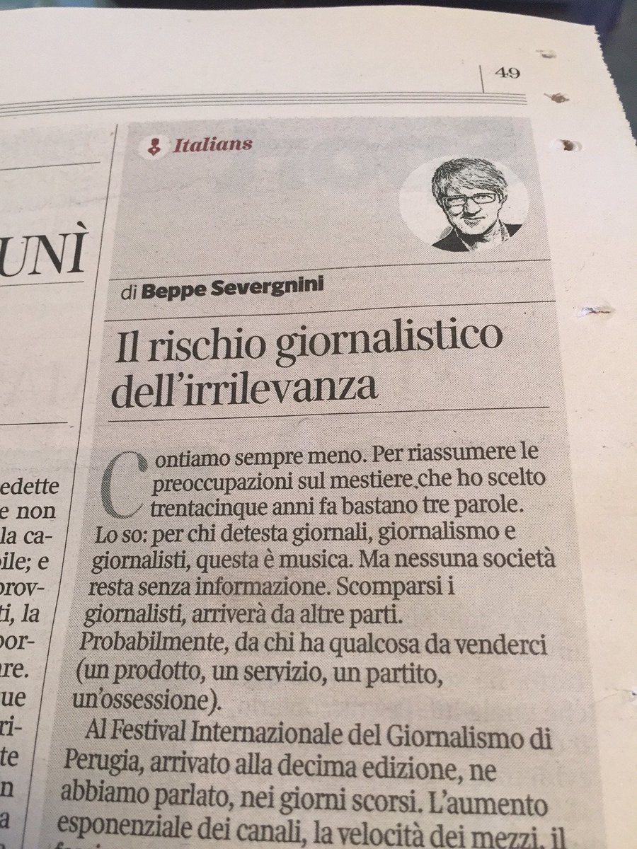 beppesevergnini's tweet photo. Giornalisti: il rischio dell'irrilevanza https://t.co/WjmRxWna2d @journalismfest @Corriere https://t.co/aWjvXdHf9Z