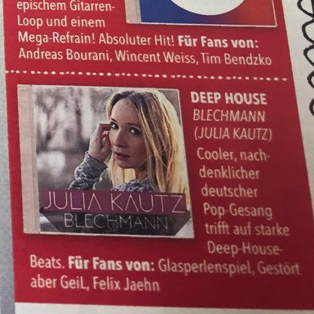 julia_kautz's tweet photo. Danke, liebes @bravomagazin, für die Empfehlung meiner neuen Single #Blechmann! Morgen erscheint sie endlich! ❤️🎶 https://t.co/WATrNFeAOX