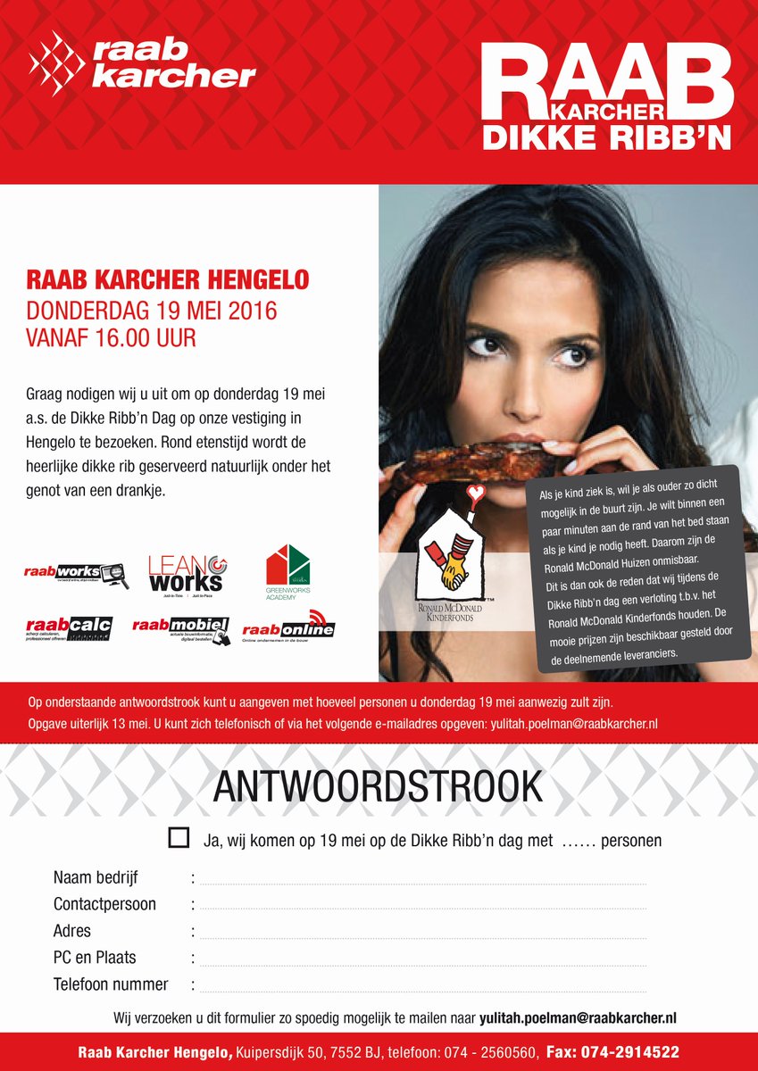 Uitnodiging! Do 19 mei #DikkeRibbnDag dikke rib, drankje en verloting, opbrengst gaat naar RmcDonalds <a href="/Kinderfonds/">Ronald McDonald Kinderfonds</a>