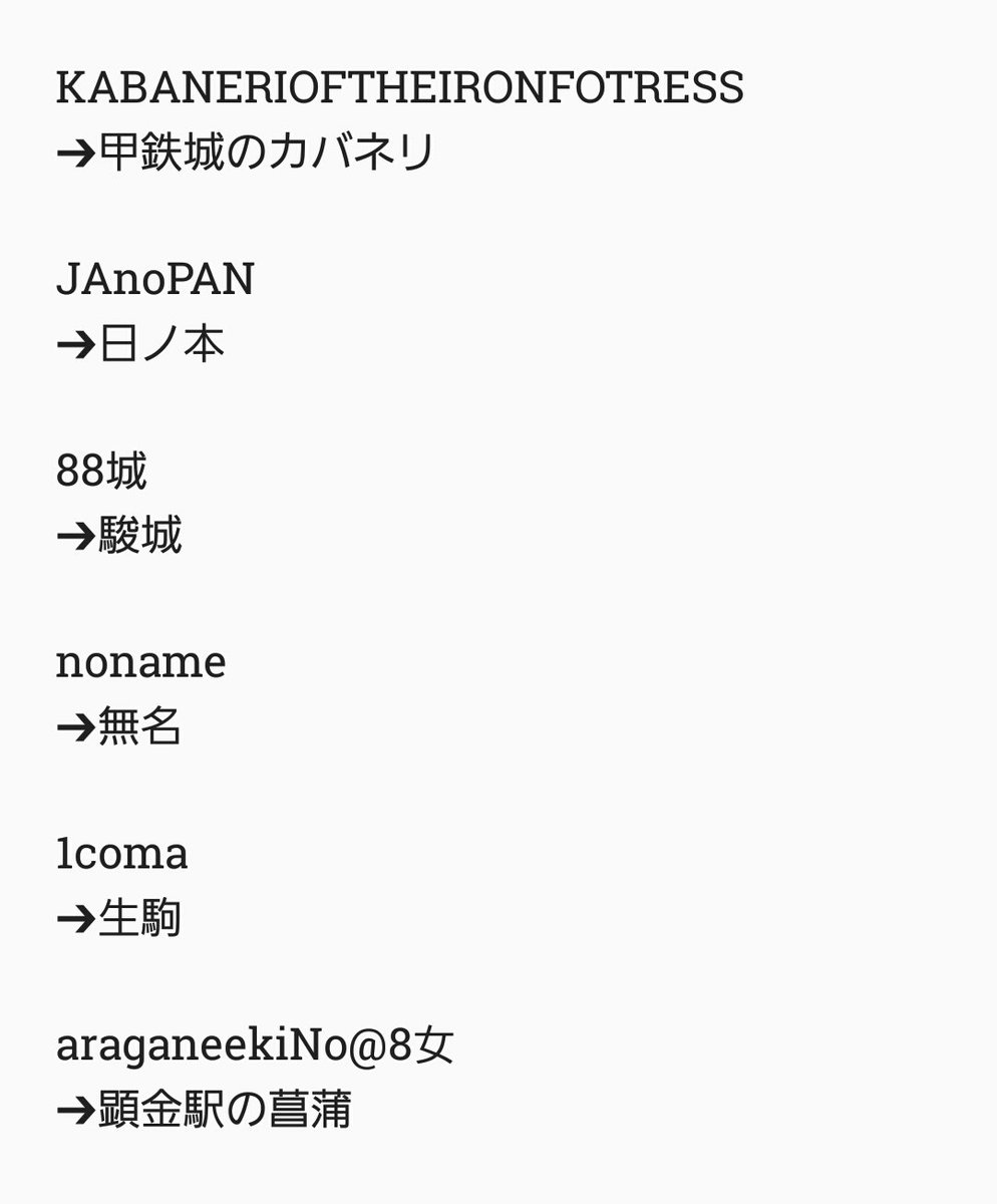 ট ইট র アラ氏 甲鉄城のカバネリ の挿入歌の 澤野弘之 氏らしい曲名 その意味を考察してみました これ クイズみたいで結構楽しい 例 Noname 無名 1coma 生駒 アニメ1話を見て Hp等を活用して解読してみては T Co Wvyck77rnt