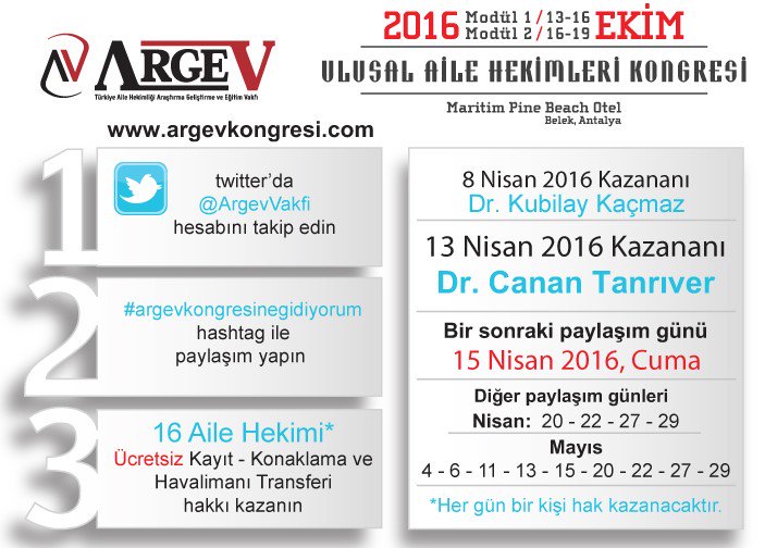 13 Nisan 2016 günü ücretsiz katılım hakkı kazanan Dr. Canan Tanrıver <a href="/drcanantan/">🥳 Dr Canan Tan🇹🇷</a> #argevkongresinegidiyorum