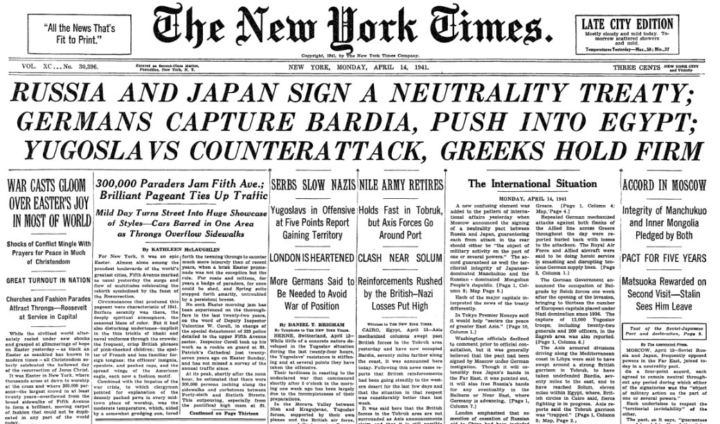 Image result for soviet japanese neutrality pact 1941 - newspaper