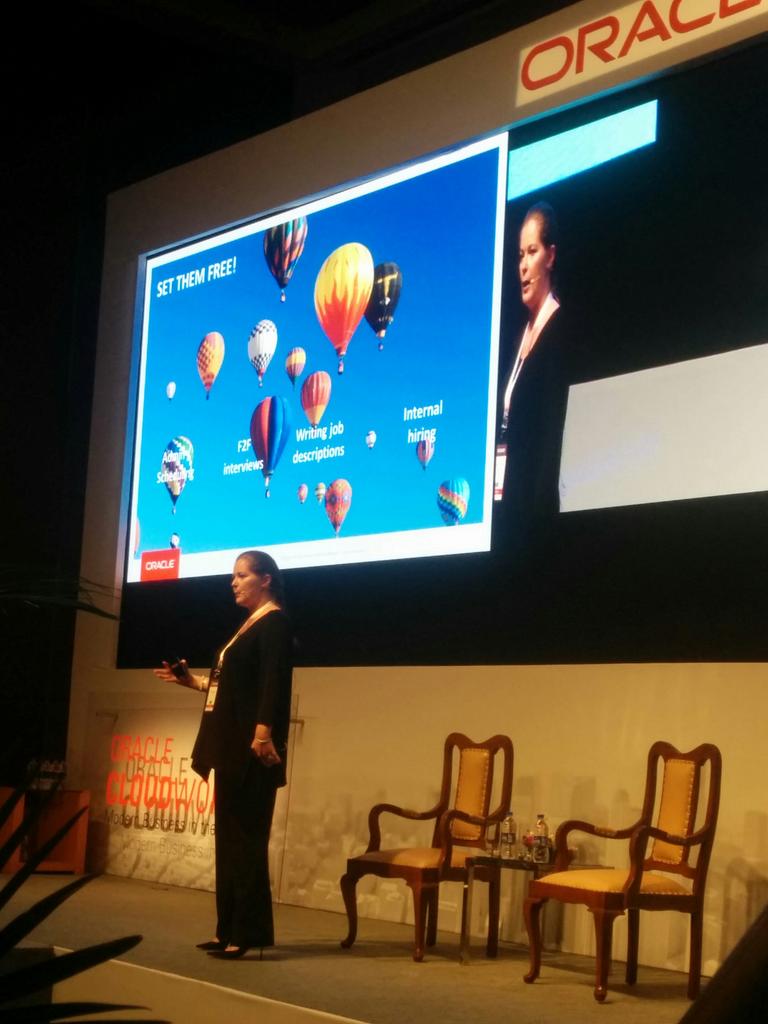 PeopleMatters2's tweet photo. Anne Marie, keynoting at HRSummit@Oracle CloudWorld #CloudWorld https://t.co/Js5TTBNDJF